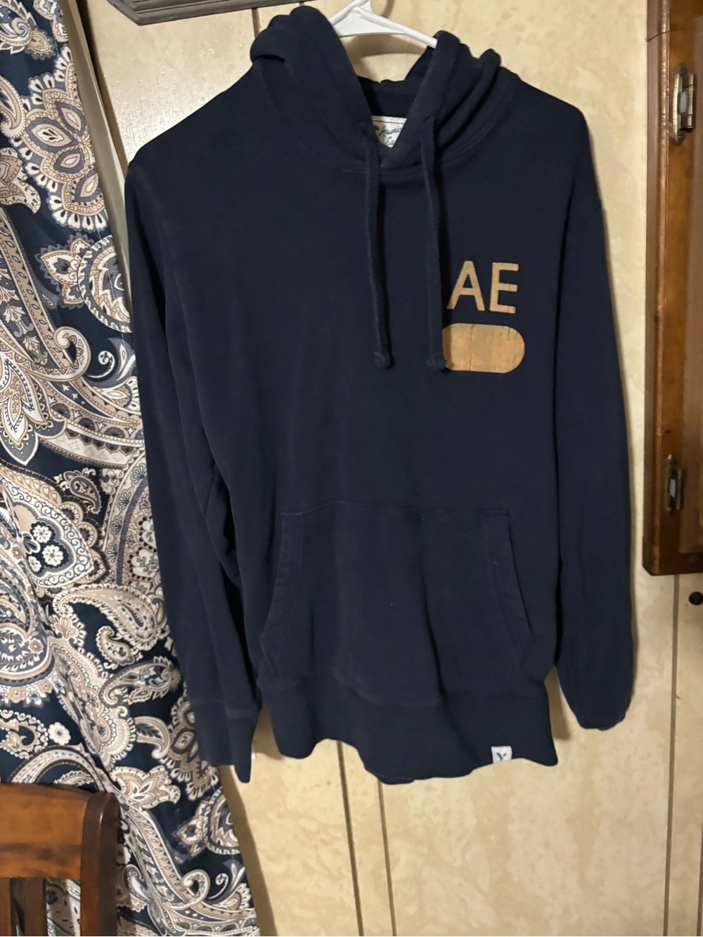 American Eagle Outfitters Navy Pullover Hoodie with Gold Logo